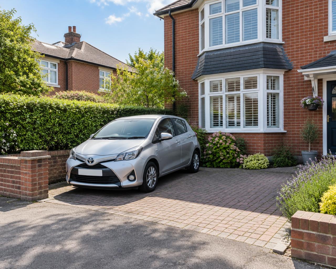 A car parked on a private driveway beside a British brick house